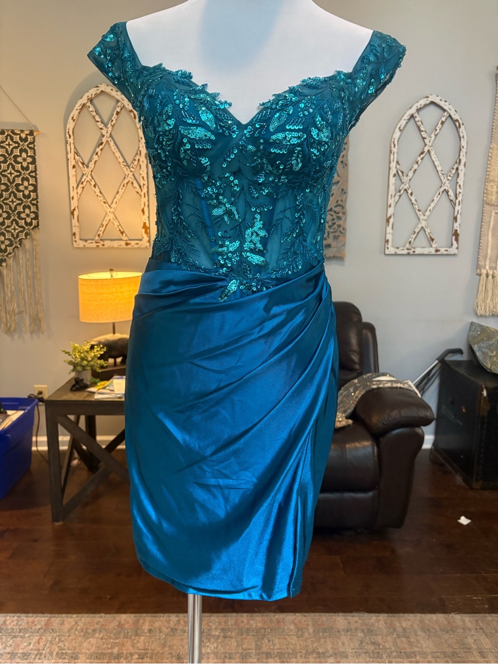 Sophia Thomas Teal Sequin Embellished Off-Shoulder Sheath Dress